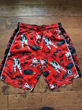Flow Society Red Hockey-Print Athletic Shorts with Black Side Panels